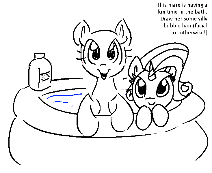 Size: 734x600 | Tagged: safe, artist:anonymous, derpibooru import, edit, rarity, oc, pony, unicorn, g4, bathing, bottle, canon and oc, cute, duo, duo female, duochrome, female, horn, image, inflatable pool, kiddie pool, leaning, lineart, looking at you, mare, misspelling, open mouth, open smile, png, simple background, smiling, smiling at you, soap, soap bottle, solo, water, white background