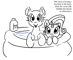 Size: 734x600 | Tagged: safe, artist:anonymous, derpibooru import, edit, rarity, oc, pony, unicorn, g4, bathing, bottle, canon and oc, cute, duo, duo female, duochrome, female, horn, image, inflatable pool, kiddie pool, leaning, lineart, looking at you, mare, misspelling, open mouth, open smile, png, simple background, smiling, smiling at you, soap, soap bottle, solo, water, white background