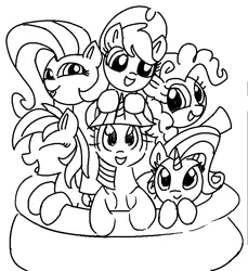 Size: 734x800 | Tagged: safe, artist:anonymous, derpibooru import, edit, applejack, fluttershy, pinkie pie, rainbow dash, rarity, twilight sparkle, earth pony, pegasus, pony, unicorn, g4, applejack's hat, bathing, black and white, cowboy hat, cute, duo, duo female, duochrome, eyes closed, eyes open, female, grayscale, grin, group, hat, horn, image, inflatable pool, kiddie pool, leaning, lineart, looking at you, mane six, mare, monochrome, open mouth, open smile, png, sextet, sextet female, simple background, smiling, smiling at you, solo, tongue out, white background