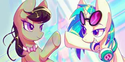 Size: 3200x1600 | Tagged: safe, alternate version, artist:awhitesheep, derpibooru import, octavia melody, vinyl scratch, earth pony, pony, unicorn, g4, abstract background, female, grin, headphones, horn, image, jpeg, mare, smiling