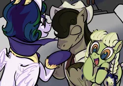 Size: 2388x1668 | Tagged: safe, alternate version, artist:luansh, derpibooru import, idw, granny smith, pokey oaks, princess celestia, alicorn, earth pony, pony, reflections, spoiler:comic, eyes closed, female, hoof kissing, image, male, mare, mirror universe, open mouth, png, smiling, sparkly eyes, stallion, wingding eyes, young granny smith, younger