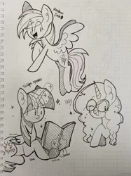 Size: 1279x1706 | Tagged: safe, artist:piaojun55154, derpibooru import, rainbow dash, twilight sparkle, twilight sparkle (alicorn), alicorn, pegasus, pony, unicorn, book, female, glasses, graph paper, horn, image, jpeg, magic, mare, one eye closed, telekinesis, text, traditional art, wink