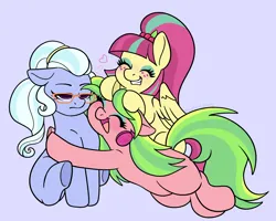 Size: 3000x2400 | Tagged: safe, artist:leopardsnaps, derpibooru import, lemon zest, sour sweet, sugarcoat, ponified, earth pony, pegasus, pony, g4, cuddling, equestria girls ponified, female, glasses, hair accessory, headphones, hug, hugging a pony, image, mare, missing cutie mark, png, purple background, simple background, smiling, sugarcoat is not amused, trio, unamused