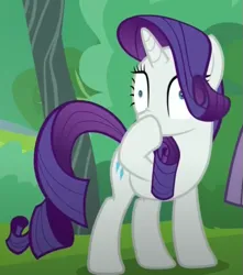 Size: 533x603 | Tagged: safe, derpibooru import, screencap, rarity, pony, unicorn, g4, the gift of the maud pie, boop, funny, horn, image, out of context, outdoors, png, scrunchy face, self-boop, tree, wide eyes