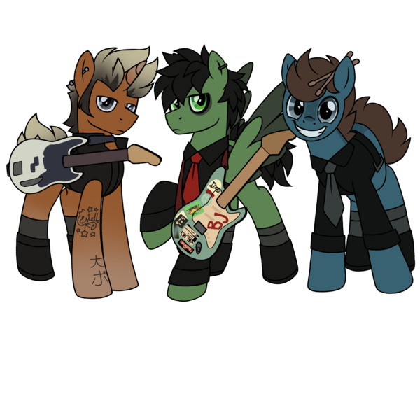 Size: 3500x3500 | Tagged: safe, artist:pegacousinceles, derpibooru import, ponified, earth pony, pegasus, pony, unicorn, billie joe armstrong, green day, guitar, horn, image, male, musical instrument, png, simple background, stallion, transparent background, trio, trio male, wings