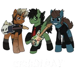 Size: 3500x3500 | Tagged: safe, artist:pegacousinceles, derpibooru import, ponified, earth pony, pegasus, pony, unicorn, billie joe armstrong, green day, guitar, horn, image, male, musical instrument, png, simple background, stallion, transparent background, trio, trio male, wings