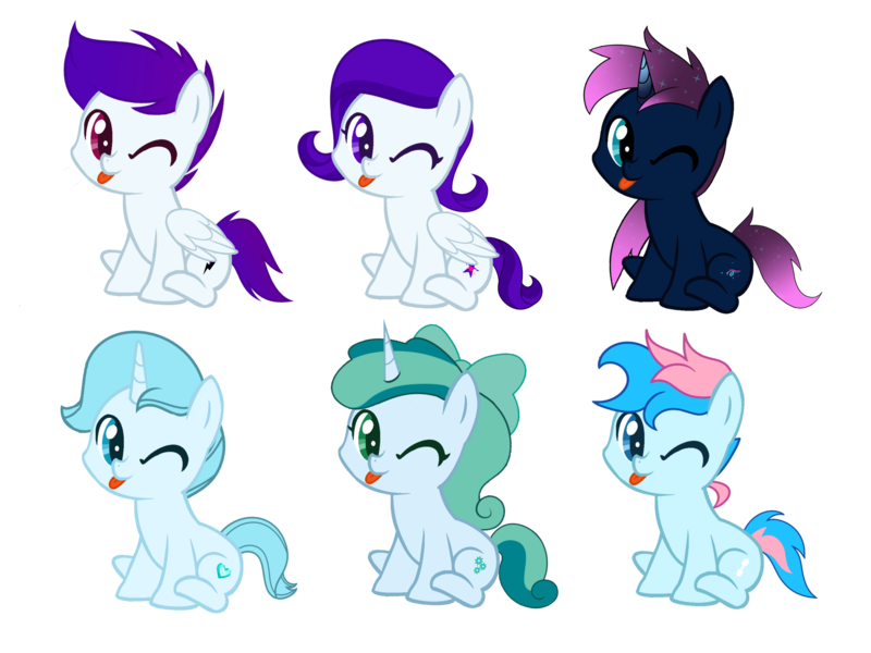 Size: 4000x3000 | Tagged: safe, artist:ramixe dash, derpibooru import, oc, oc:blue chewings, oc:crystal heart g5, oc:lightning stars, oc:osiris eclipse, oc:prixy, oc:violet sparkle, unofficial characters only, earth pony, pegasus, pony, unicorn, g4, g5, base used, g5 to g4, generation leap, horn, image, png, race swap, simple background, text, transparent background