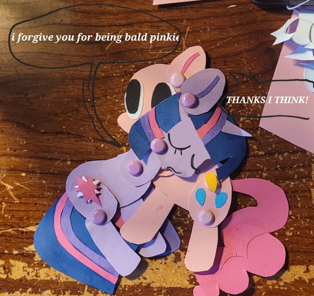 Size: 1764x1666 | Tagged: safe, artist:koidial, derpibooru import, part of a set, pinkie pie, twilight sparkle, earth pony, pony, unicorn, g4, 3d cutie mark, bald, big eyes, colored pinnae, craft, curly tail, dialogue, duo, duo female, eyelashes, eyes closed, female, horn, hug, image, jpeg, lesbian, maneless, mare, no catchlights, no mane, no pupils, nuzzling, paper doll, papercraft, photo, pink coat, pink tail, purple coat, raised hoof, shipping, speech bubble, straight mane, straight tail, tail, talking, text, three toned mane, three toned tail, traditional art, twinkie, unicorn horn, unicorn twilight, white text, yelling