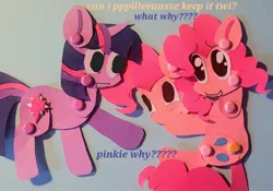 Size: 2048x1436 | Tagged: safe, artist:koidial, derpibooru import, part of a set, pinkie pie, twilight sparkle, earth pony, pony, unicorn, g4, 3d cutie mark, bangs, big eyes, colored pinnae, concerned, craft, curly mane, curly tail, dialogue, duo, duo female, eye clipping through hair, eyebrows, eyebrows visible through hair, female, frown, hoof hold, horn, image, jpeg, lesbian, looking at each other, looking at someone, mare, no catchlights, no pupils, open frown, open mouth, paper doll, papercraft, photo, pink coat, pink mane, pink tail, purple text, raised hoof, shipping, sitting, sparkly eyes, standing on three hooves, straight mane, straight tail, tail, talking, text, three toned mane, three toned tail, traditional art, twinkie, unicorn horn, unicorn twilight, wat, wingding eyes, yellow text