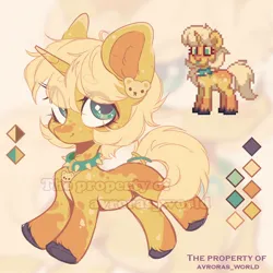 Size: 1400x1400 | Tagged: safe, artist:avroras_world, derpibooru import, oc, unofficial characters only, pony, unicorn, coat markings, collar, color palette, ear fluff, ear piercing, earring, eye clipping through hair, eyebrows, eyebrows visible through hair, female, horn, image, jewelry, jpeg, mare, obtrusive watermark, piercing, redesign, signature, smiling, solo, spiked collar, unshorn fetlocks, watermark, zoom layer