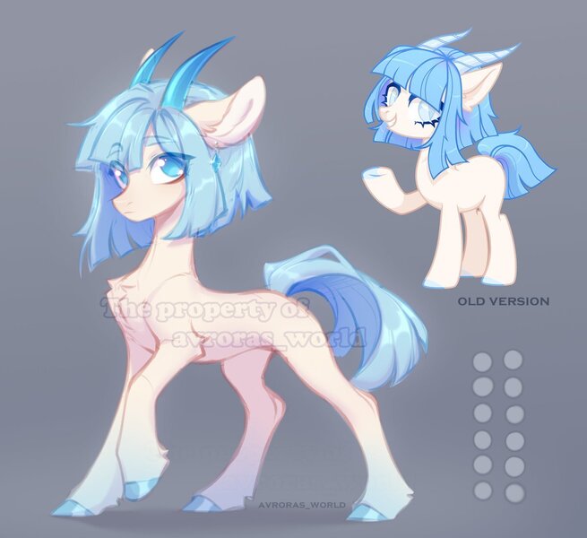 Size: 1200x1100 | Tagged: safe, artist:avroras_world, derpibooru import, oc, unofficial characters only, pony, chest fluff, colored hooves, ear fluff, ear piercing, earring, eye clipping through hair, eyebrows, eyebrows visible through hair, female, gradient horns, gray background, grin, hooves, horns, image, jewelry, jpeg, mare, obtrusive watermark, piercing, raised hoof, redesign, simple background, smiling, solo, watermark