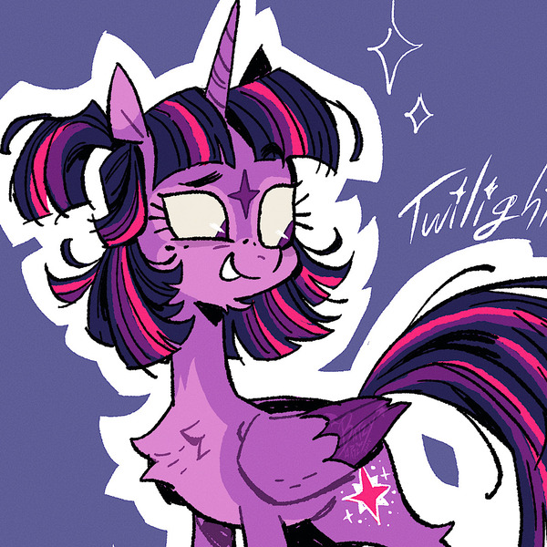 Size: 1080x1080 | Tagged: safe, alternate version, artist:batzy-artz, derpibooru import, twilight sparkle, twilight sparkle (alicorn), alicorn, pony, g4, alternate cutie mark, alternate design, alternate hairstyle, bags under eyes, bald face, blaze (coat marking), chest fluff, chin fluff, coat markings, colored belly, colored eartips, colored muzzle, colored wings, eye markings, eyelashes, facial markings, female, folded wings, freckles, hock fluff, horn, image, jpeg, long neck, long tail, looking back, looking down, mare, mealy mouth (coat marking), noise, outline, pale muzzle, ponytail, purple coat, purple eyes, redesign, smiling, solo, star (coat marking), straight mane, tail, text, textured background, three toned mane, three toned tail, twitterina design, two toned ears, two toned wings, unicorn horn, white text, wings, zoomed in