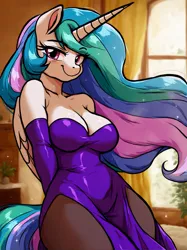 Size: 1840x2456 | Tagged: suggestive, ai content, derpibooru import, machine learning generated, prompter:bendy and boney, stable diffusion, princess celestia, alicorn, anthro, g4, arm behind back, breasts, busty princess celestia, cleavage, clothes, derpibooru exclusive, dress, evening gloves, eyebrows, eyebrows visible through hair, female, folded wings, generator:pony diffusion v6 xl, gloves, horn, image, indoors, long gloves, looking at you, pantyhose, png, side slit, smiling, smiling at you, smug, solo, strapless, wide hips, window, wings