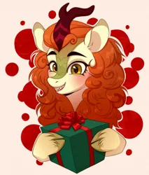 Size: 1100x1290 | Tagged: safe, artist:sociofag, derpibooru import, autumn blaze, kirin, g4, gift giving, happy new year, holiday, image, png, shading, simple background, smiling