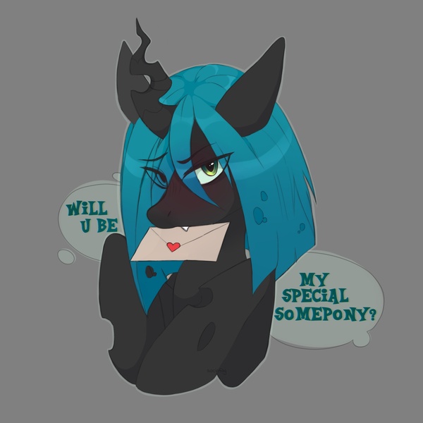 Size: 2000x2000 | Tagged: safe, artist:sociofag, derpibooru import, queen chrysalis, changeling, changeling queen, eyebrows, eyebrows visible through hair, fangs, female, floppy ears, holiday, image, jpeg, looking at you, short hair, simple background, valentine's day, valentine's day card