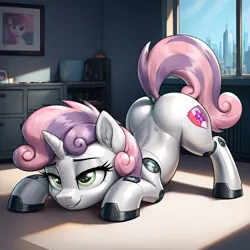 Size: 1024x1024 | Tagged: safe, ai content, derpibooru import, machine learning generated, prompter:thelight3d, stable diffusion, sweetie belle, pony, robot, robot pony, unicorn, g4, back, butt, city, dock, ear fluff, face down ass up, female, filly, foal, generator:pony diffusion v6 xl, horn, image, lidded eyes, plot, png, smiling, solo, sweetie bot, tail, window