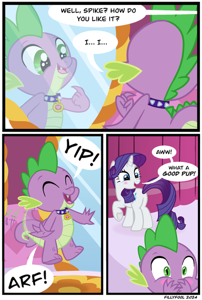 Size: 1607x2394 | Tagged: safe, artist:fillyfool, derpibooru import, rarity, spike, dragon, pony, unicorn, barking, behaving like a dog, big eyes, blushing, carousel boutique, collar, comic, covering mouth, cute, dog collar, dragon dog spike, duo, embarrassed, female, horn, image, jumping, male, mare, mirror, onomatopoeia, pet tag, png, puppy dog eyes, raised hoof, rear view, shiny eyes, shipping, show accurate, shrunken pupils, sparity, speech bubble, spike is a pet, spike's dog collar, spiked collar, straight, tail, tail wag, text