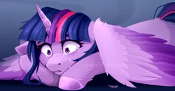 Size: 4724x2480 | Tagged: safe, artist:buvanybu, derpibooru import, twilight sparkle, twilight sparkle (alicorn), alicorn, pony, g4, crying, female, high res, horn, image, lying down, mare, png, prone, sad, solo, spread wings, teary eyes, watermark, wings