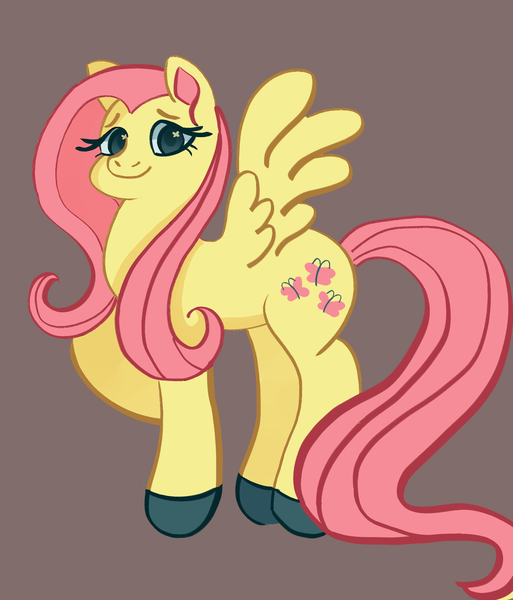 Size: 1751x2048 | Tagged: safe, artist:lilybloom0820, derpibooru import, fluttershy, pegasus, pony, g4, brown background, female, hooves, image, looking at you, mare, png, raised hoof, simple background, smiling, smiling at you, solo, spread wings, wings