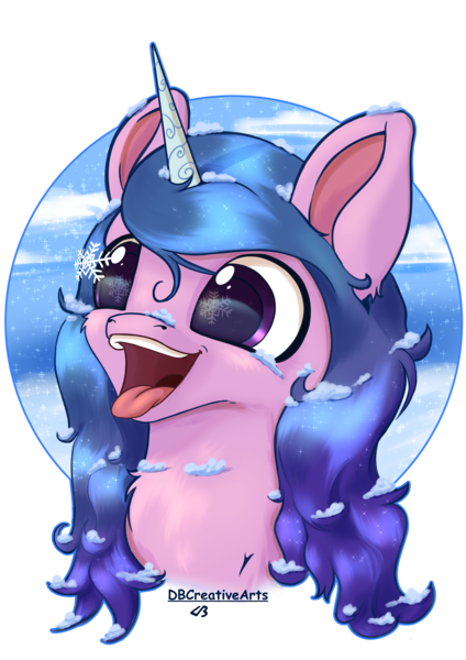 Size: 2480x3508 | Tagged: safe, artist:playful wings, derpibooru import, izzy moonbow, pony, unicorn, g5, bust, female, high res, horn, image, mare, open mouth, png, portrait, simple background, snow, snowflake, solo, tongue out, transparent background