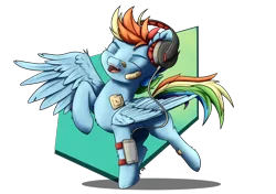 Size: 5016x3541 | Tagged: safe, artist:playful wings, derpibooru import, rainbow dash, pegasus, pony, g4, absurd resolution, bandaid, bandaid on nose, eyes closed, female, headphones, image, listening to music, mare, mobile phone, one wing out, open mouth, phone, png, raised hoof, simple background, smartphone, solo, tail, transparent background, wings