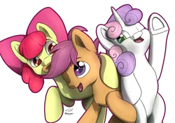 Size: 5016x3541 | Tagged: safe, artist:playful wings, derpibooru import, apple bloom, scootaloo, sweetie belle, earth pony, pegasus, pony, unicorn, g4, absurd resolution, apple bloom's bow, biting, bow, cutie mark crusaders, ear bite, female, filly, foal, hair bow, horn, image, one eye closed, open mouth, png, simple background, transparent background, trio, trio female, underhoof