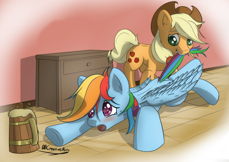 Size: 4093x2894 | Tagged: safe, artist:playful wings, derpibooru import, applejack, rainbow dash, earth pony, pegasus, pony, g4, apple cider, applejack's hat, biting, blushing, cider, cider mug, cowboy hat, drunk, duo, duo female, female, hat, high res, image, mare, mug, open mouth, png, tail, tail bite, tail pull, that pony sure does love cider, wings