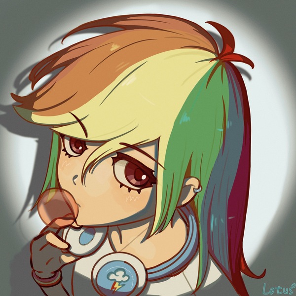 Size: 2000x2000 | Tagged: safe, artist:lotus, derpibooru import, rainbow dash, human, bust, chewing gum, gray background, headphones, humanized, image, jpeg, looking at you, portrait, simple background, solo, spotlight, text