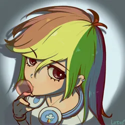 Size: 4000x4000 | Tagged: safe, alternate version, artist:lotus, derpibooru import, rainbow dash, human, bust, chewing gum, gray background, headphones, humanized, image, jpeg, looking at you, portrait, simple background, solo, spotlight, text