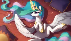 Size: 2688x1536 | Tagged: safe, ai content, derpibooru import, machine learning generated, stable diffusion, princess celestia, alicorn, beautiful, bed, cute, dock, generator:pony diffusion v6 xl, glow, glowing horn, hooves, horn, image, jewelry, lying down, on back, pillow, png, prompter:mr-bat, smiling, solo, spread legs, spread wings, spreading, tail, wings