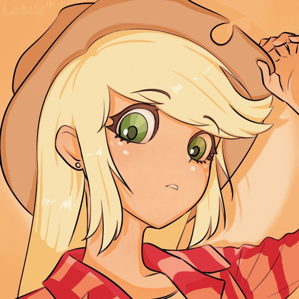 Size: 4000x4000 | Tagged: safe, artist:lotus, derpibooru import, applejack, human, bust, humanized, image, jpeg, looking at you, orange background, portrait, simple background, solo, spotlight, text