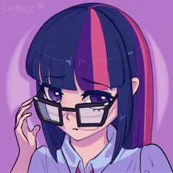 Size: 4000x4000 | Tagged: safe, artist:lotus, derpibooru import, twilight sparkle, human, bust, clothes, glasses, humanized, image, jpeg, portrait, purple background, shirt, simple background, solo, spotlight, text