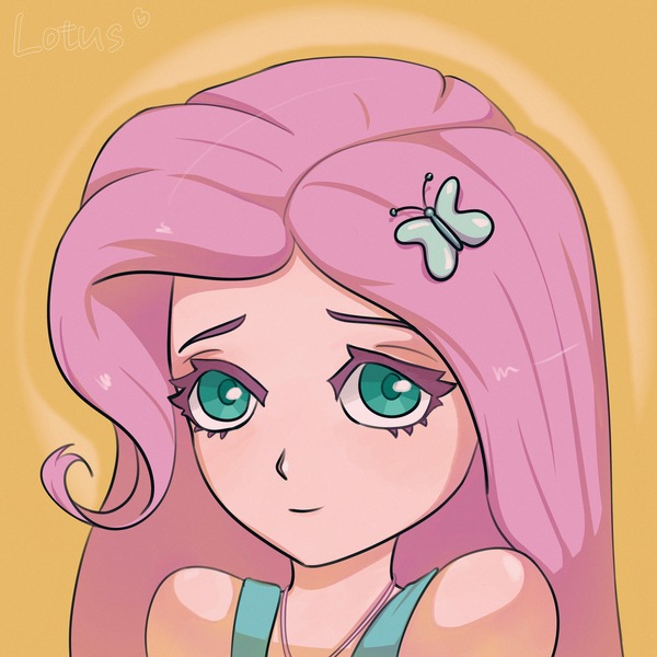 Size: 4000x4000 | Tagged: safe, artist:lotus, derpibooru import, fluttershy, human, bust, humanized, image, jpeg, looking at you, portrait, simple background, solo, spotlight, text, yellow background