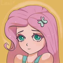 Size: 4000x4000 | Tagged: safe, artist:lotus, derpibooru import, fluttershy, human, bust, humanized, image, jpeg, looking at you, portrait, simple background, solo, spotlight, text, yellow background