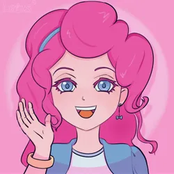 Size: 4000x4000 | Tagged: safe, artist:lotus, derpibooru import, pinkie pie, human, humanized, image, jpeg, looking at you, open mouth, pink background, simple background, smiling, solo, spotlight, text