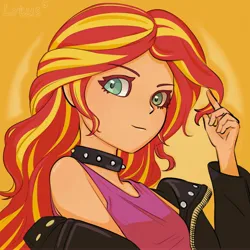 Size: 4000x4000 | Tagged: safe, artist:lotus, derpibooru import, sunset shimmer, human, bust, clothes, collar, humanized, image, jacket, jpeg, looking at you, portrait, simple background, solo, spiked collar, spotlight, text, yellow background