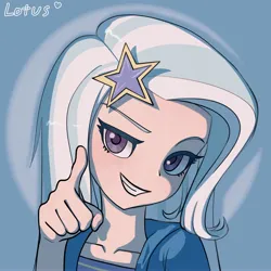 Size: 4000x4000 | Tagged: safe, artist:lotus, derpibooru import, trixie, human, blue background, grin, humanized, image, jpeg, looking at you, pointing at you, simple background, smiling, solo, spotlight, text