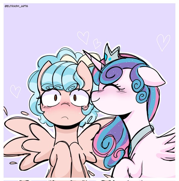 Size: 2028x2048 | Tagged: safe, artist:eltrash_art6, derpibooru import, cozy glow, princess flurry heart, alicorn, pegasus, pony, blushing, cozybetes, cozylove, crown, cute, duo, duo female, eyes closed, female, flurrybetes, flustered, heart, image, jewelry, jpeg, kiss on the cheek, kissing, lesbian, older, older cozy glow, older flurry heart, passepartout, purple background, regalia, ship:cozyheart, shipping, simple background, spread wings, wingboner, wings