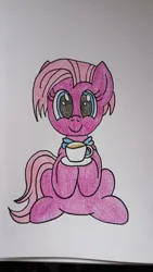 Size: 900x1600 | Tagged: safe, artist:anonymous, derpibooru import, jasmine leaf, earth pony, pony, g4, clothes, colored, cup, female, food, image, jpeg, looking at you, mare, neckerchief, scarf, sitting, smiling, smiling at you, solo, tea, teacup, traditional art