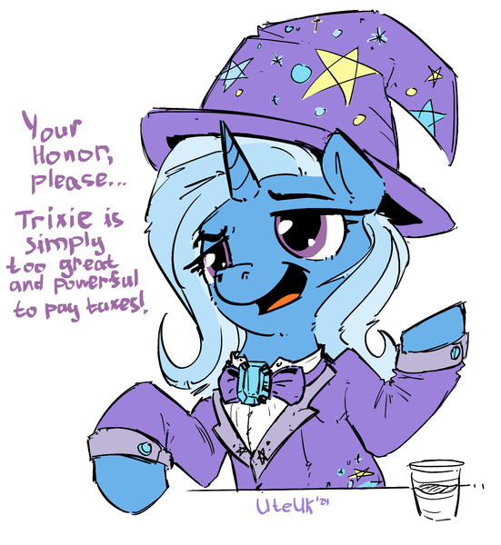 Size: 1648x1794 | Tagged: safe, artist:uteuk, derpibooru import, trixie, pony, unicorn, g4, bow, clothes, costume, crystal, female, great and powerful, hat, horn, horse taxes, image, mare, png, tax evasion, this will end in jail time