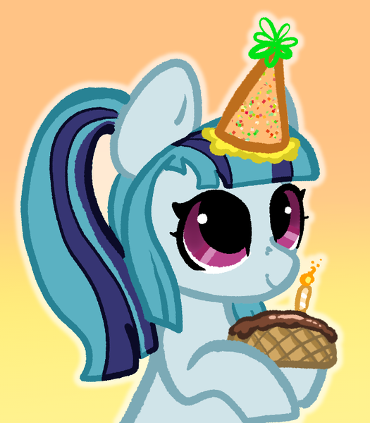 Size: 648x740 | Tagged: safe, artist:nootaz, derpibooru import, sonata dusk, ponified, earth pony, pony, female, gradient background, hat, image, mare, party hat, png, rainbow rocks 10th anniversary, solo, species swap