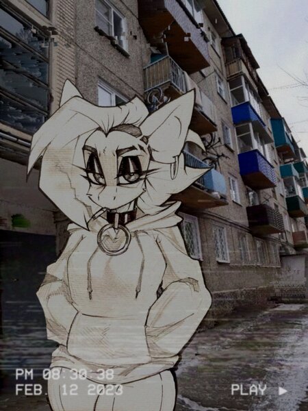 Size: 1536x2048 | Tagged: safe, artist:tlen borowski, derpibooru import, oc, oc:tlen borowski, unofficial characters only, anthro, pony, anthro oc, cigarette, clothes, collar, ear fluff, female, hoodie, house, image, irl, jpeg, makeup, photo, sketch, smoking, solo, tail, traditional art, vhs