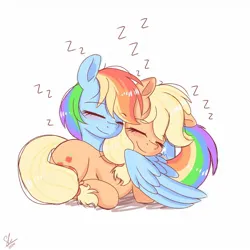 Size: 1280x1280 | Tagged: safe, artist:galaxy swirl, derpibooru import, applejack, rainbow dash, earth pony, pegasus, pony, g4, appledash, blushing, cute, dashabetes, duo, duo female, eyes closed, female, freckles, hatless, hug, image, jackabetes, jpeg, lesbian, mare, missing accessory, onomatopoeia, shipping, simple background, sleeping, sleeping together, smiling, sound effects, white background, winghug, wings, zzz