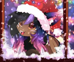 Size: 2048x1717 | Tagged: safe, artist:airiniblock, derpibooru import, oc, oc:alexus nictivia, unofficial characters only, hybrid, christmas, hat, holiday, image, jpeg, santa hat, snow, snowfall, solo, string lights, window