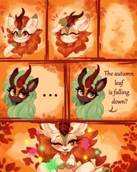 Size: 3041x3822 | Tagged: safe, artist:polnocnykot, derpibooru import, autumn blaze, cinder glow, summer flare, kirin, g4, 6 panel comic, autumn, autumn leaves, blushing, charades, comic, cute, dialogue, dramatic, dramatic pose, duo, duo female, ear fluff, emanata, exclamation point, eyebrows, eyelashes, eyes closed, faint, fainted, falling, female, frown, funny, hooves, hooves to the chest, hooves up, horn, image, jpeg, leaf, leaves, lidded eyes, looking at you, lying down, motion lines, on back, one eye closed, open mouth, open smile, playful, playing, raised eyebrow, raised hoof, smiling, smiling at you, smirk, teeth, text, underhoof, unshorn fetlocks