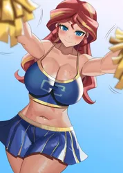 Size: 827x1164 | Tagged: suggestive, artist:tzc, derpibooru import, sunset shimmer, equestria girls, g4, breasts, busty sunset shimmer, cheerleader, cheerleader outfit, cleavage, clothes, gradient background, image, jpeg, looking at you, midriff, pom pom, skirt, solo, sweat, thighs