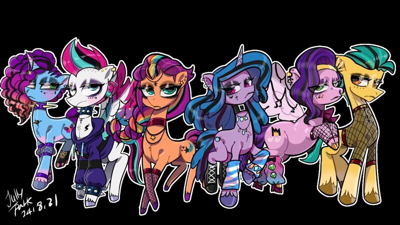 Size: 1280x720 | Tagged: safe, artist:jully-park, derpibooru import, hitch trailblazer, izzy moonbow, pipp petals, sunny starscout, zipp storm, earth pony, pegasus, pony, unicorn, g5, black background, goth, goth hitch, goth izzy, goth misty, goth pipp, goth pony, goth sunny, goth zipp, horn, image, jpeg, misty brightdawn, simple background