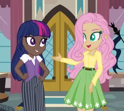 Size: 1280x1146 | Tagged: safe, artist:emmakkkkk, artist:skyfallfrost, derpibooru import, fluttershy, twilight sparkle, human, alternate hairstyle, base used, belt, clothes, dark skin, door, duo, duo female, female, grin, humanized, image, jpeg, open mouth, pants, shirt, skirt, smiling, vest, window