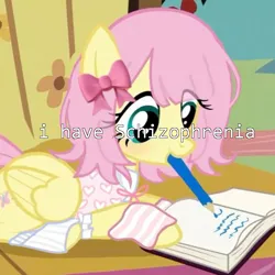 Size: 886x885 | Tagged: safe, artist:handchopper_69, derpibooru import, edit, fluttershy, pegasus, pony, g4, alternate hairstyle, bangs, bobcut, book, bow, clothes, cute, emoji, eye clipping through hair, female, fluttershy's cottage, folded wings, hair accessory, hair bow, image, indoors, leg warmers, looking down, lying down, mane accessory, mare, meme, mouth hold, neck ribbon, pencil, pink bow, png, prone, short hair, short hair fluttershy, shyabetes, solo, solo female, striped leg warmers, wings, writing