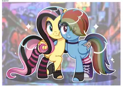 Size: 4371x3130 | Tagged: safe, artist:scarffist, derpibooru import, fluttershy, rainbow dash, pegasus, pony, g4, alternate hairstyle, bandage, bandaged wing, base used, choker, chokerdash, clothes, collar, converse, couple, cute, duo, duo female, emo, emodash, emoshy, eyeshadow, female, fingerless gloves, flutterdash, gloves, green eyes, happy, hug, image, lesbian, lip piercing, long hair, long mane, long tail, makeup, multicolored hair, nose piercing, nose ring, piercing, png, purple eyes, rainbow hair, shipping, shoes, short mane, smiling, sneakers, socks, solo, sparkles, stockings, striped socks, tail, thigh highs, wings